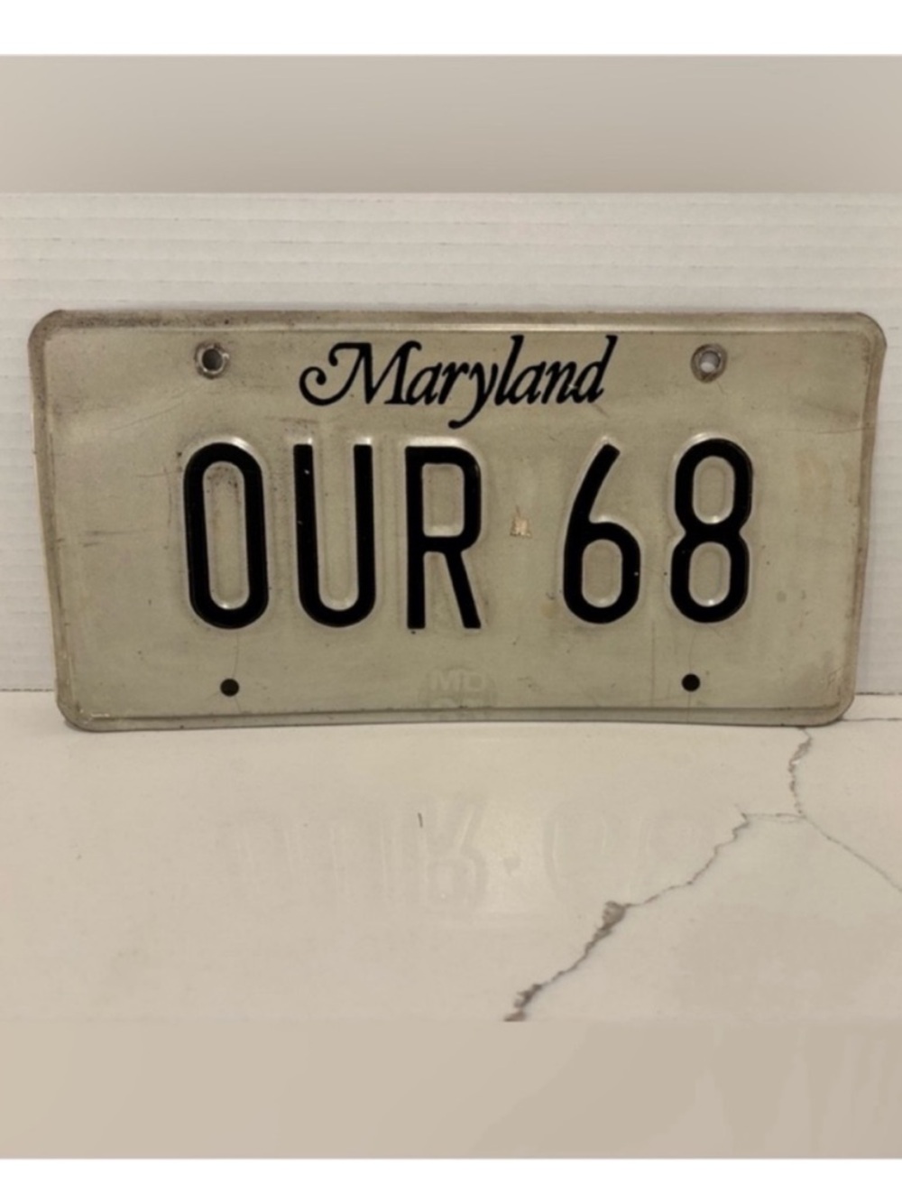 Vintage Maryland License Plate Vanity Plate OUR 68 White Black Mancave Decor